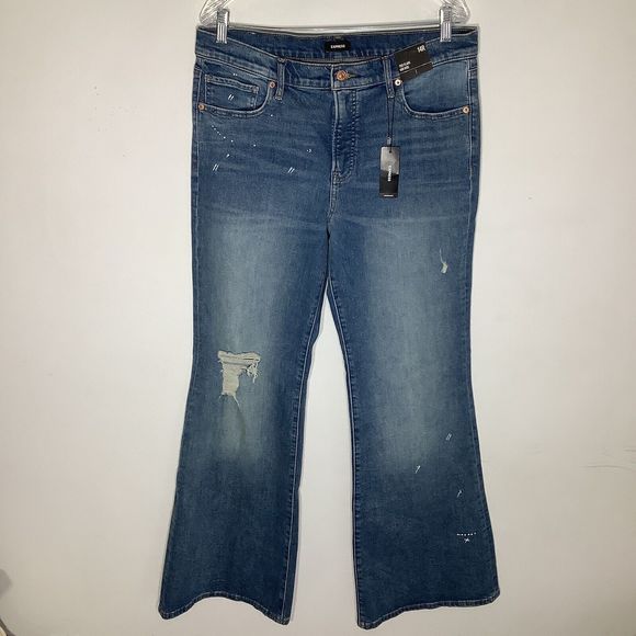 Express Womens 70s Flare Mid Rise Distressed Jeans Blue Size‎ 14R NWT - Picture 2 of 11